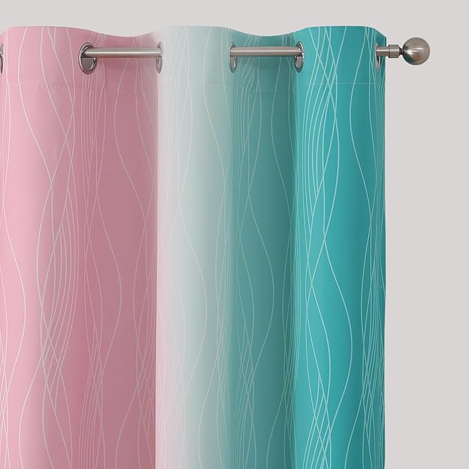 Estelar Textiler Teal and Pink Ombre Blackout Curtains for Bedroom, Full Room Darkening Grommet Curtains for Living Room, Thermal Insulated Light Blocking Gradient Drapes, 42Wx72L, 2 Panels