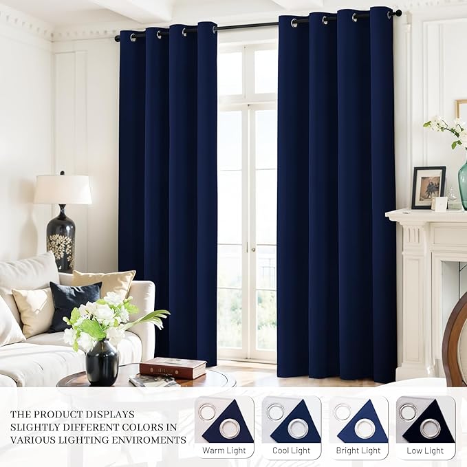 Yakamok Navy Blue 100% Blackout Curtains 96 Inches Long Thermal Insulated Window Curtain for Bedroom Living Room Darkening Set of 2 Panels Grommet Top Drapes with 2 Thick Layers 52x96 Inches Dark Blue