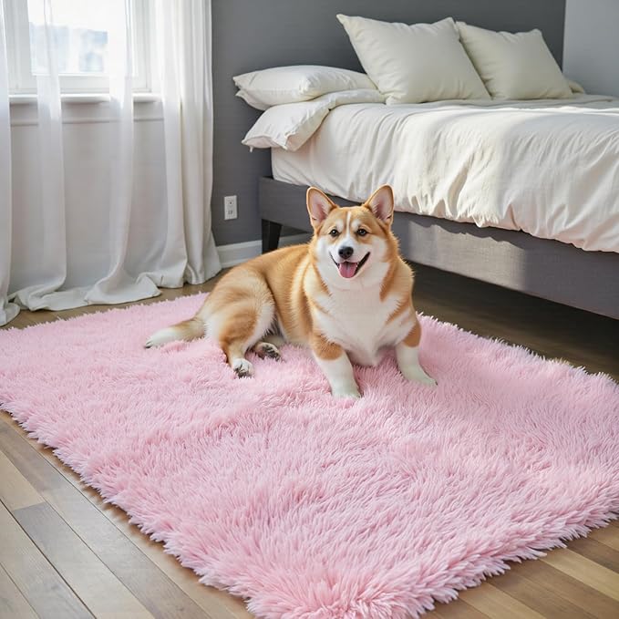 3x5 Rug, Bedside Preppy Dorm Area Rug, College Essentials Small Carpets for Bedroom, Anti Slip Fluffy Pink Living Room Rugs Home Decor Aesthetic(3 x 5, Pink)