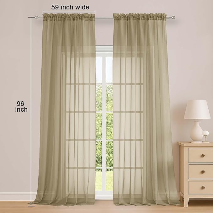 OWENIE Extra Long Taupe Sheer Curtains 96 Inches Long 2 Panels Set, Soft Lightweight Airy Voile Sheer Curtain for Bedroom Living Room, Rod Pocket Solid Color Farmhouse Curtains, 59" Wx96 L Inch