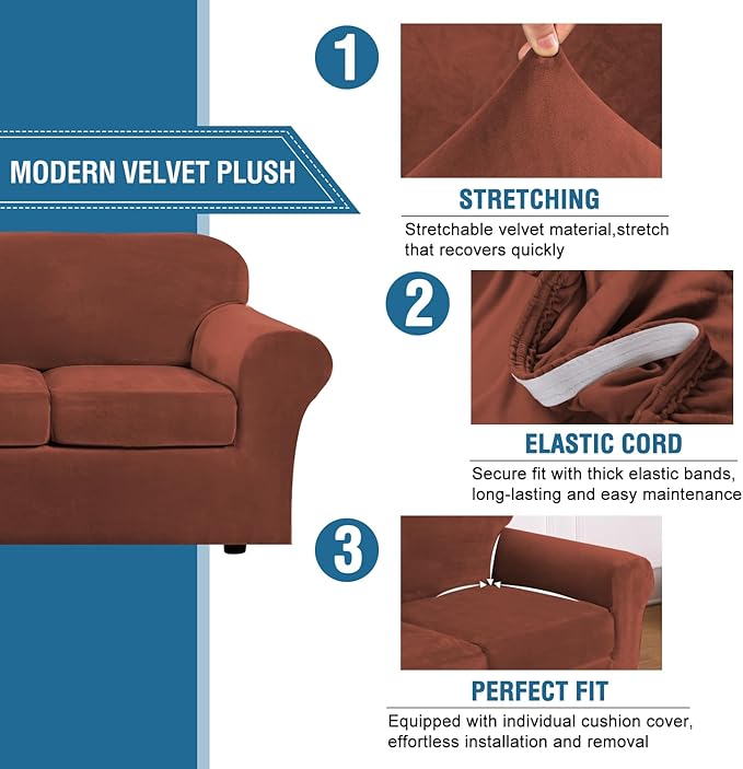 H.VERSAILTEX Rich Polyester and Spandex 2 Piece Cover Chair Slipcover Sofa Cover Furniture Protector Couch Soft with Elastic Bottom Chair Couch Cover with Arms, Machine Washable(Chair, Rust)