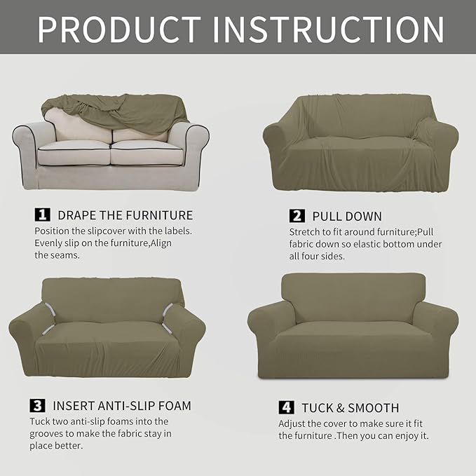 Easy-Going Stretch 4 Seater Sofa Slipcover 1-Piece Sofa Cover Furniture Protector Couch Soft with Elastic Bottom for Kids, Polyester Spandex Jacquard Fabric Small Checks Khaki