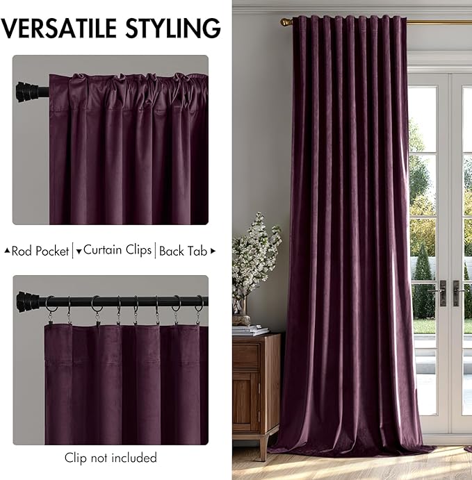 MIULEE Dark Purple Velvet Curtains 90 inches - Luxury Blackout Curtains for Bedroom Living Room Thermal Insulated Super Soft Window Drapes Rod Pocket & Back Tab, W52 x L90 inches, 2 Panels