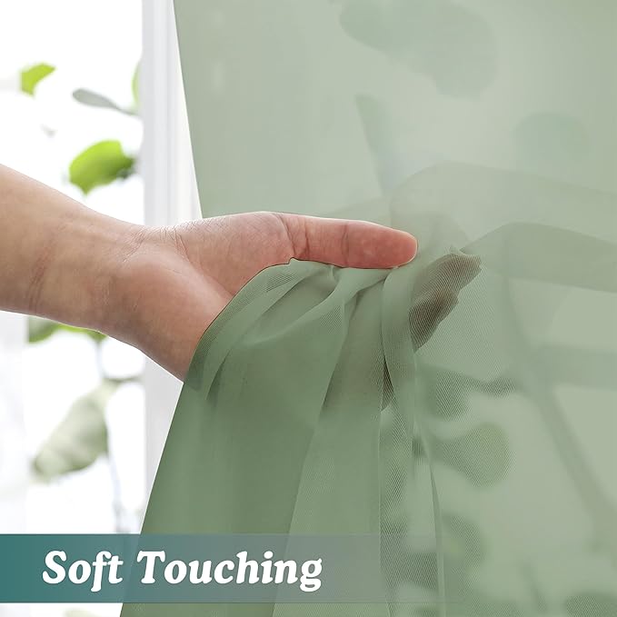 Chyhomenyc Sage Green Sheer Curtains 90 Inches Long 2 Panels, Light Filtering Green Curtains for Living Room, Soft Gentle Voile Rod Pocket Bedroom Window Drapes, 59Wx90L Inch, 2PCS