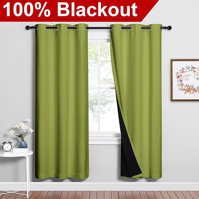 NICETOWN 100% Blackout Window Curtain Panels, Fresh Green, 2 Pieces, 42-inch Wide Per Panel, Full Light Blocking Drapes with Black Liner for Nursery, 72-inch Drop Thermal Insulated Draperies