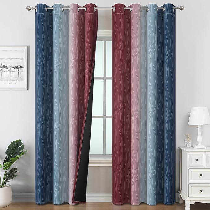 Estelar Textiler Navy Blue and Burgundy Red Ombre Blackout Curtains 90 Inch Length for Living Room, Room Darkening Grommet Gradient Thermal Insulated Drapes for Bedroom,52Wx90L Inches (2 Panels)