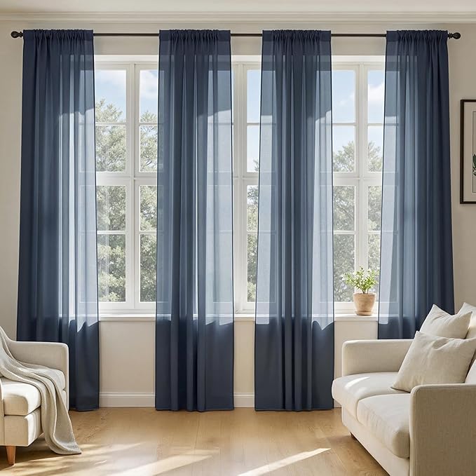 MIULEE Navy Blue Sheer Curtains 63 Inches Long, 4 Panels Set, Light Filtering Rod Pocket Voile Drapes Window Treatments, Semi Transparent Airy Fabric for Bedroom and Living Room, 42 x 63 Inches