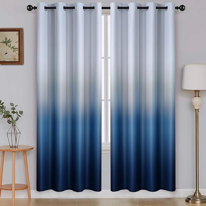 SimpleHome Ombre Room Darkening Curtains for Boys Bedroom, Gradient Grey White to Blue Light Blocking Thermal Insulated Grommet Window Curtains/Drapes for Living Room,2 Panels, 52x72 inches Length