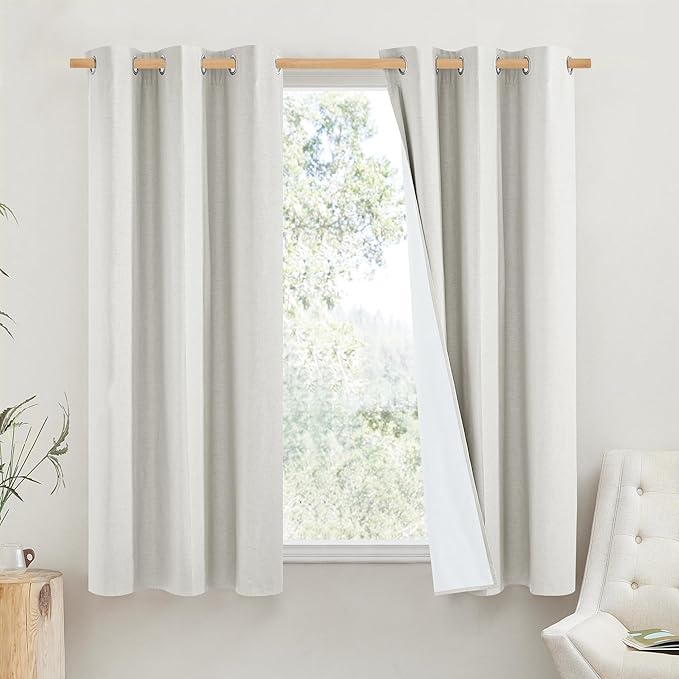 NICETOWN Linen Blackout Curtains for Kitchen, Ivory, 2 Panels, 42" Wide x 63" Long, Short Kitchen Burlap Linen 100% Blackout Drape Panels for Night Shift, Great Job for Blocking Light