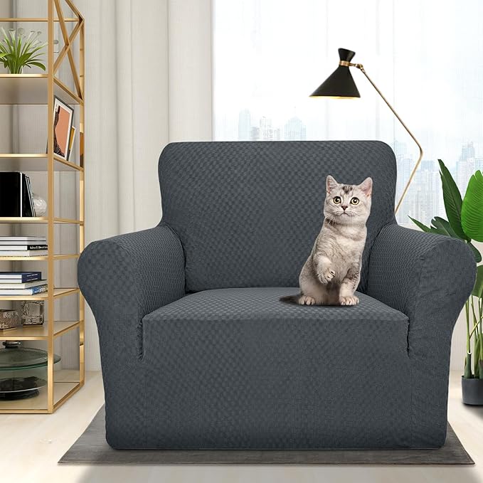 ZNSAYOTX 1 Piece Jacquard Chair Slipcovers for Living Room High Stretch Chair Covers with Arms Anti Slip Pets Friendly Couch Sofa Armchair Cover Furniture Protector (Chair, Dark Grey)