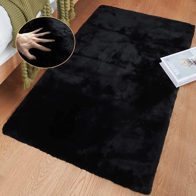 ORINOVA Faux Rabbit Fur Rug Machine Washable Area Rugs Black Fur Rug for Living Room Fuzzy Rugs for Bedroom Teen Room Decor Small Sheepskin 2x3 Rectangle Rugs
