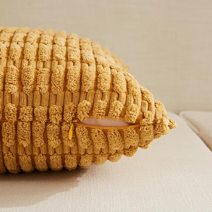 Fancy Homi 4 Packs Mustard Yellow Decorative Throw Pillow Covers 14x24 Inch for Couch Bed Sofa, Rustic Farmhouse Boho Home Decor, Soft Plush Striped Corduroy Square Cushion Case 35x60 cm