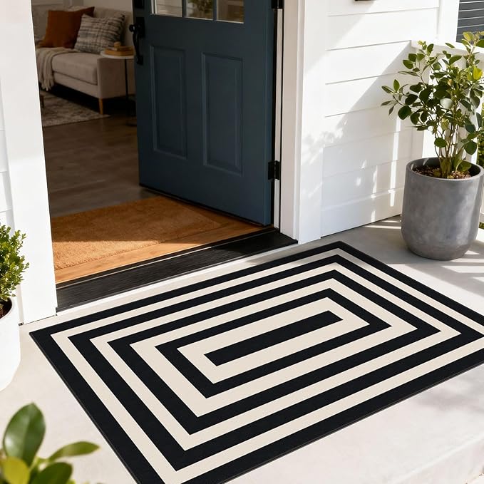 Modern Outdoor Rug - 28" x 43" Front Door Mat Indoor Outside Entrance Non-Slip Washable Outdoor Mat Black White Geometric Rug for Entryway Kitchen Bedroom Layered Doormat for Front Porch