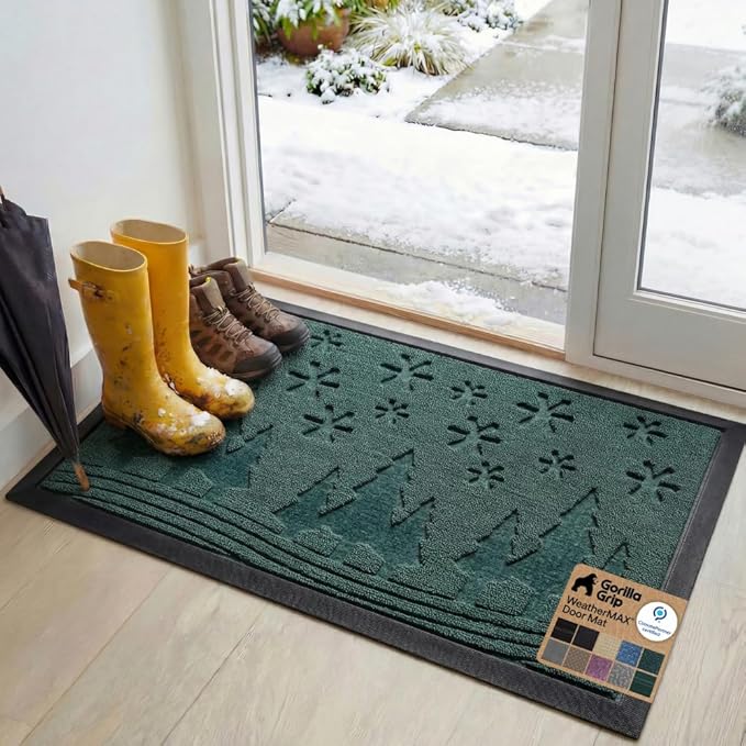 GORILLA GRIP 100% Waterproof All-Season WeatherMAX Doormat, 47x35, US Designed Natural Rubber, Stain and Fade Resistant, Low Profile Indoor Outdoor Door Mats, Easy Clean Patio Mat, Green Snowscape