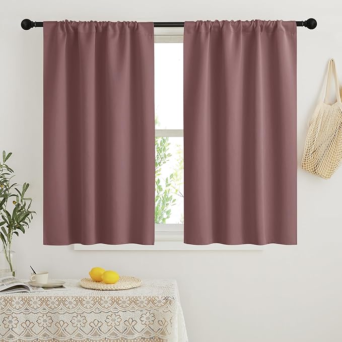 RYB HOME Short Blackout Curtains for Bedroom, Room Darkening Insulated Summer Heat Light UV Blocking Energy Saving Drapes for Nursery, Width 34 by Length 48, Dusty Rose, Set of 2