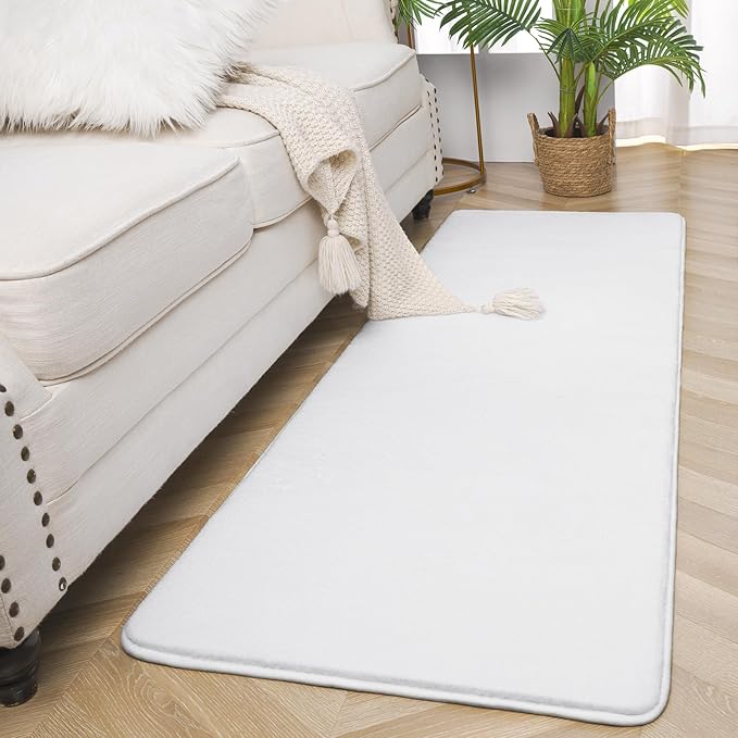 Amearea Modern Soft 2x6 Runner Rug for Hallway, White Fluffy Rug Bedroom Bedside Rugs, Non Slip Washable Memory Foam Carpet for Entrance Kitchen Living Room Decor
