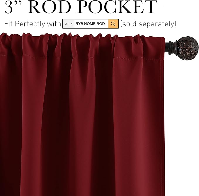 RYB HOME Kitchen Blackout Curtains Over Sink 36 inch Length, Rod Pocket Summer Light UV Blocking Energy Efficient, Cabinet Shelf Cupboard Coverings, Width 29 by Length 36, Burgundy Red, 2 Panels