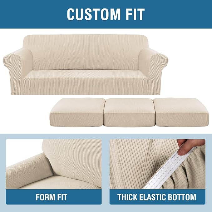 H.VERSAILTEX 4 Piece Stretch Sofa Covers for 3 Cushion Couch Covers for Living Room Furniture Slipcovers (Base Cover Plus 3 Seat Cushion Covers) Thicker Jacquard Fabric (Large Sofa, Natural)