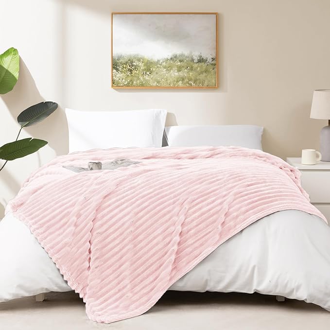 HIMEET Pink Ribbed Twin Blanket for Bed - 300GSM Lightweight Soft Fleece Blanket for Men Women, Cozy Blankets Graduation Birthday Gifts, Striped Spring Home School Dorm Decor, Pink, 60x80 Inches