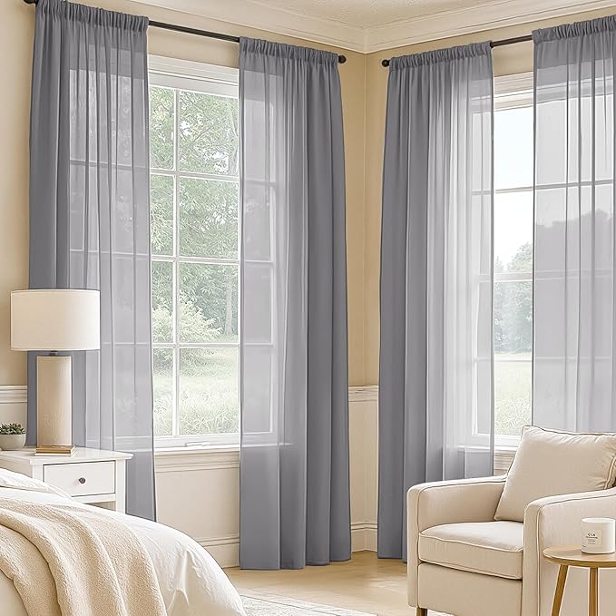MIULEE Dark Grey Sheer Curtains 63 Inches Long, 4 Panels Set, Rod Pocket Light Filtering Window Drapes for Bedroom and Living Room, Elegant Airy Fabric, 42 x 63 Inches