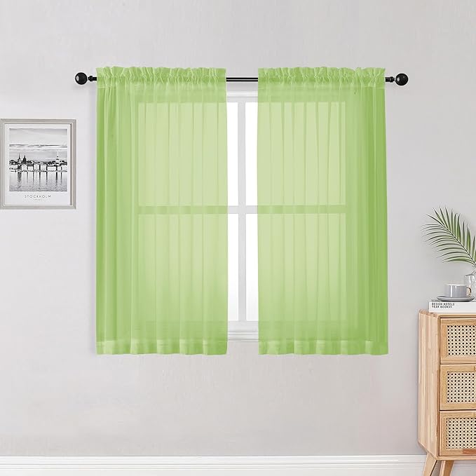 OWENIE Lime Kitchen Sheer Curtains for Bedroom Living Room 45 Inch Length, Bedroom, Soft Solid Light Filtering Voile Short Sheer Curtain for Small Window, 42" W x 45" L, Lime