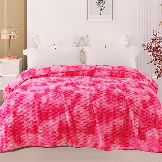 Exclusivo Mezcla Fleece Twin Blanket for Bed, Extra Large Fuzzy Tie-dye Hot Pink Bed Blankets, Soft Cozy Plush Sofa Throws for All Seasons, 90x66 Inches