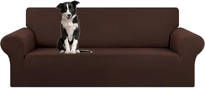 KEKUOU Stretch Oversized Sofa Slipcover 1 Piece Couch Sofa Cover (94"-110") Furniture Protector 4 Seater Sofa with Elastic Bottom for Kids,Pet.Jacquard Checked Pattern Fabric(X Large,Chocolate)