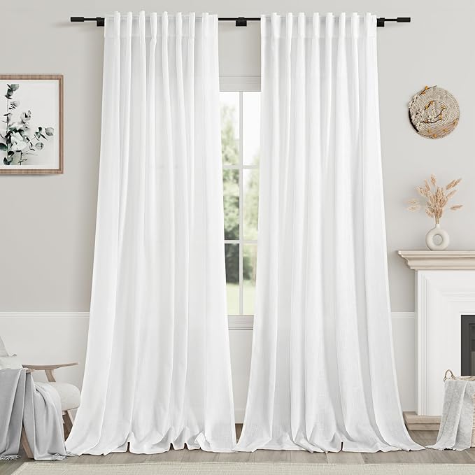 Nanspring Linen Light Filtering Curtains 96 Inches Long 2 Panels Long White Semi Sheer Linen Blended Window Curtains Back Tab Rod Pocket White Rustic Farmhouse Drapes for Living Room Bedroom 60x96