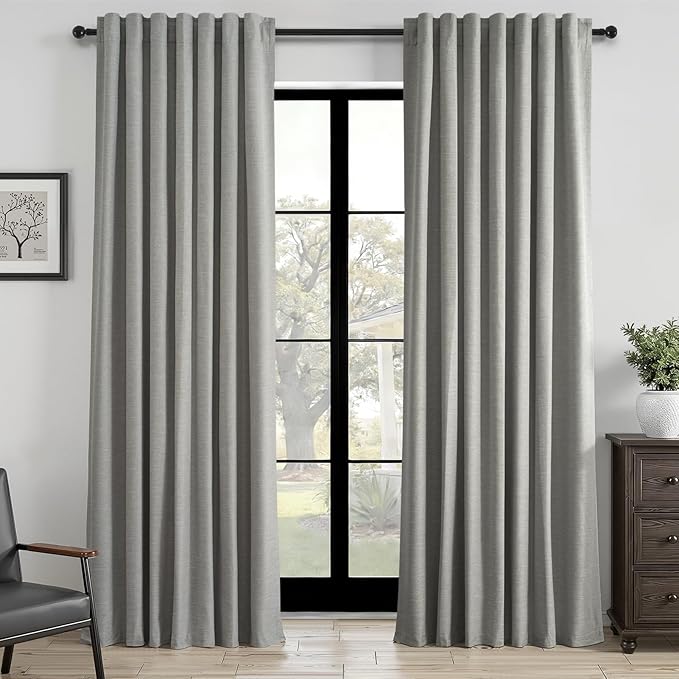Topfinel 92 Inch Linen 100% Blackout Curtains 2 Panels for Living Room Bedroom Thermal Insulated Total Black Out Linen Drapes with Back Tab Room Darkening Charcoal Grey Window Curtains 52x92