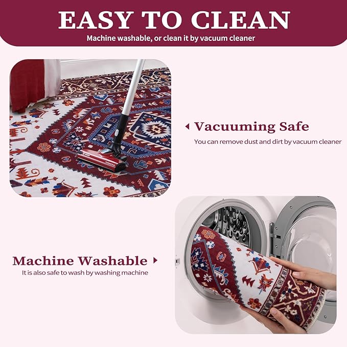 SERISSA Boho Rugs for Entryway, 2x3 Washable Non-Slip Rug Small Area Rug, Ultra Soft Oriental Vintage Burgundy Navy Low-Pile Indoor Door Mat Floor Carpet for Entrance Bedroom Kitchen Bathroom