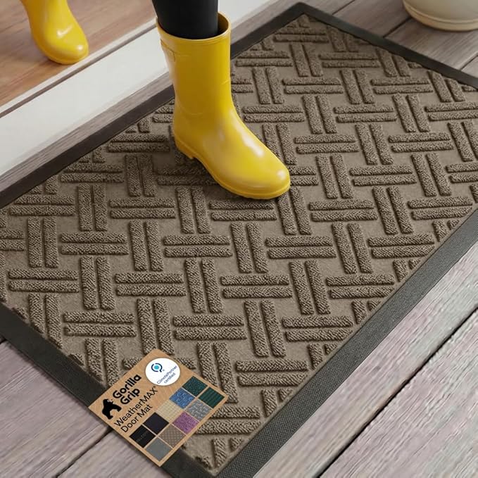 GORILLA GRIP 100% Waterproof All-Season WeatherMAX Doormat 35x23, US Designed Natural Rubber, Stain and Fade Resistant, Low Profile Indoor Outdoor Door Mats, Easy Clean Patio Mat, Taupe Basket Weave