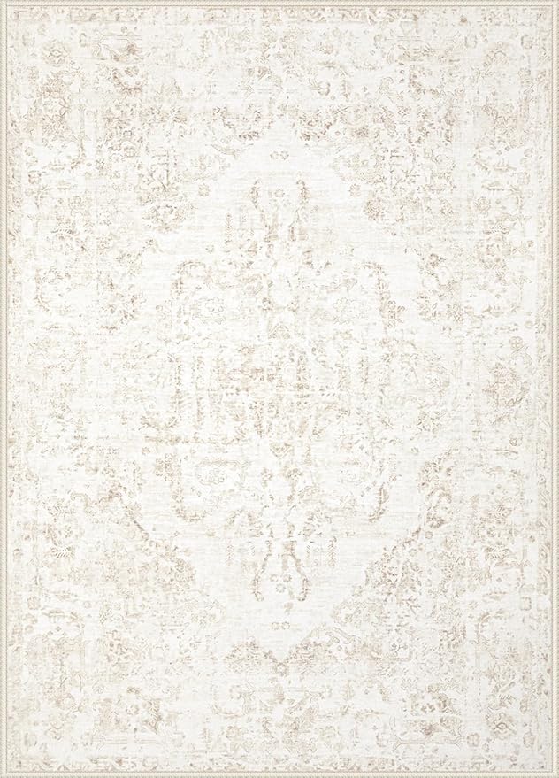 8x10 Area Rugs for Living Room: Washable Rug Vintage Large Rugs Soft Non Slip Low Pile Rug Floral Distressed Floor Carpet for Bedroom Kitchen Nursery Dining Room Home Office (Beige, 8'x10')
