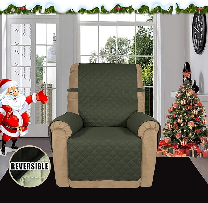 Easy-Going Recliner Sofa Slipcover Reversible Sofa Cover Water Resistant Couch Cover Furniture Protector with Elastic Straps for Pets Kids Children Dog Cat (Recliner, Army Green/Beige)