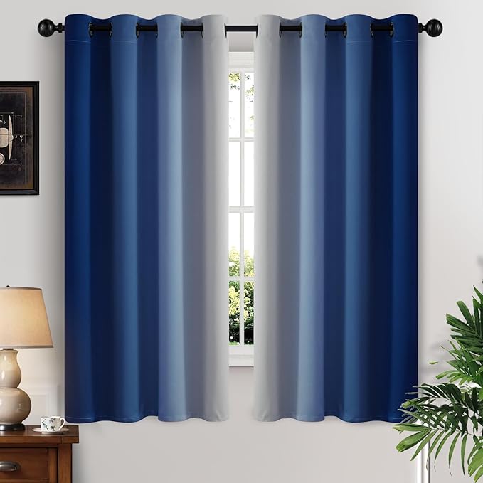 Yakamok Greyish White and Royal Blue Ombre Curtains,Light Blocking Curtains,Room Darkening Grommet Window Drapes for Bedroom(Royal Blue,52x63 Inch,2 Panels)