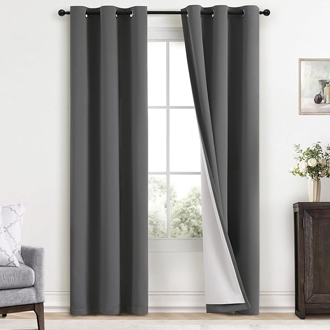 Yakamok Room Darkening 100% Blackout Curtains Grommet Window Treatments with 2 Thick Layers-Charcoal Grey Thermal Insulated Drapes Set of 2 Panels for Bedroom Living Room 38 Inches by 84 Inches Length