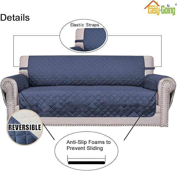 Easy-Going Reversible Loveseat Couch Cover for 2 Cushion Couch Sofa Cover for Dogs Water Resistant Furniture Protector with Foam Sticks Elastic Straps for Pet (Loveseat, Dark Blue/Ivory)