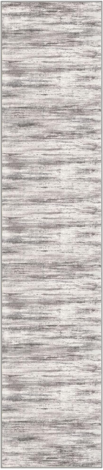 KOZYFLY Modern Abstract Washable Rug Runner 2.6x12 Hallway Rug Runner Non-Slip Soft Kitchen Runner Rugs, Grey/Light Beige/Brown Striped Carpet for Entryway Bathroom