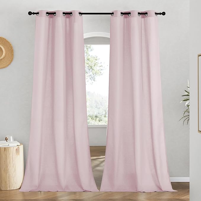 NICETOWN Blush Pink Linen Curtains for Kitchen, Thick Flax Small Window Treatments Semi Sheer Privacy Assured with Light Through for Cafe/Bathroom, W42 x L96, 2 Panels