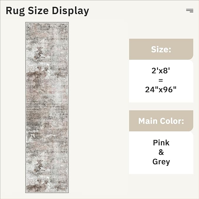 Runner Rug 2x8 Washable Non-Slip Hallway Runner Rugs for Kitchen Bathroom Laundry Room Pink/Grey Vintage Floor Carpet Runners for Hallways Entryway