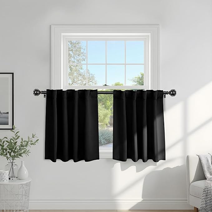 PONY DANCE Black Curtains for Windows, Bathroom Curtains Small Window Drapery Blackout Privacy Drapes for Cafe Bedroom Panels, Width 34 by Length 30, 1 Pair