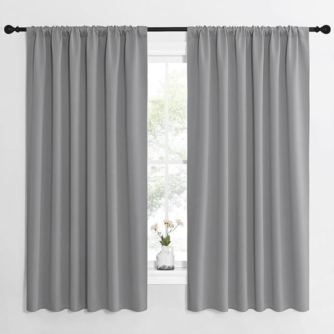 NICETOWN Short Curtains for Wide Window - Thermal Insulated Rod Pocket Blackout Drapes/Draperies for Dining Room (2 Panels, W62 x L63 inches, Silver Grey)