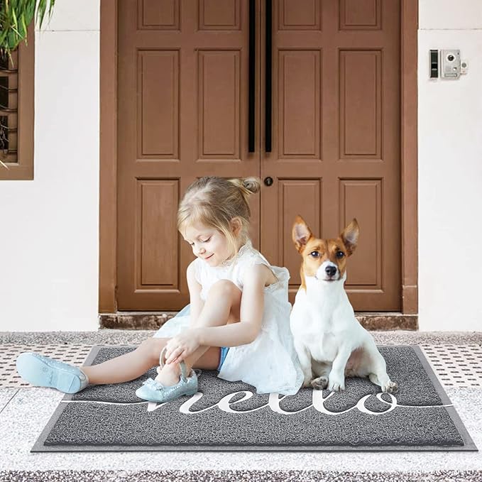 CozyBounty Door Mat Hello Mats Outdoor Indoor Non-Slip Doormat for Entryway Low-Profile Floor Mat for Yard, Garage, High Traffic Areas (32"x20", Grey)