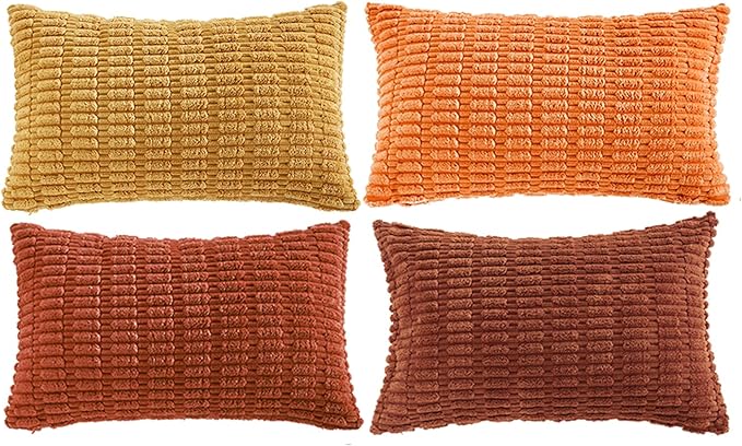 Fancy Homi Set of 4 Burnt Orange Fall Lumbar Rectangle Decorative Throw Pillow Covers 16x24 Inch for Couch Bed Chair, Aesthetic Boho Room Decor, Soft Fuzzy Thick Corduroy Textured Cushion Case 40x60cm