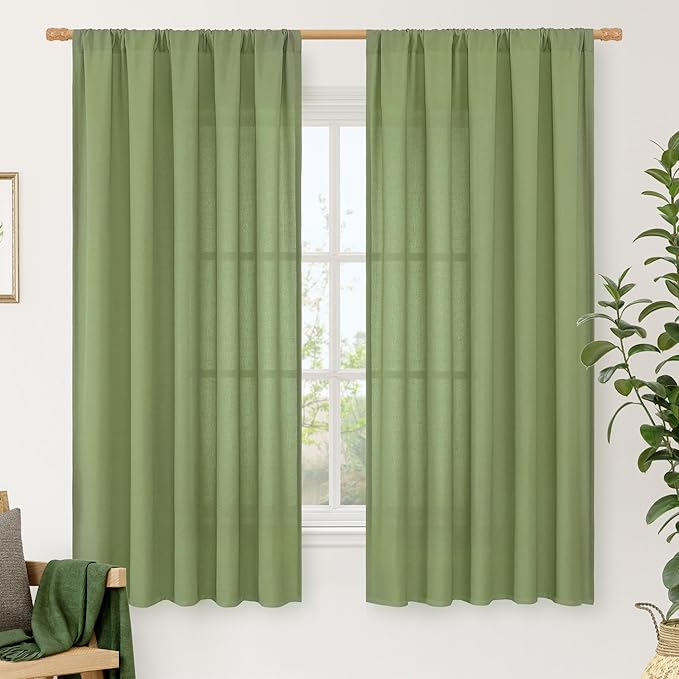 LAMIT Faux Linen Curtains 63 inches Long for Bedroom, Rod Pocket Thick Linen Drapes Light Filtering Privacy Window Spring Decor Curtains for Living Room, 2 Panels (52 x 63 Inch, Green)