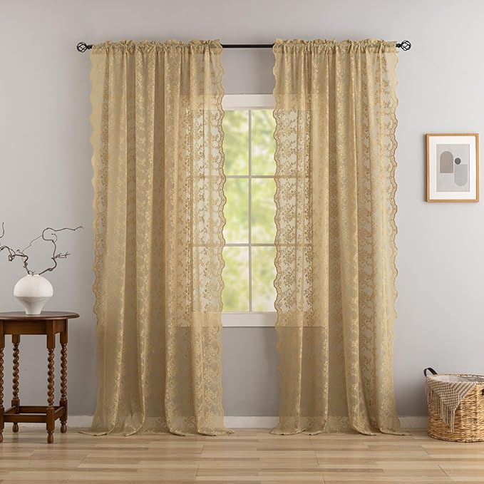 YJ YANJUN Vintage Lace Curtains 96 Inches Long-Victorian Floral Pattern Tan Sheer Curtain Panels for Living Room Bedroom,Light Filtering, Rustic Farmhouse Neutral Decor 2 Panels 52W x 96L Taupe