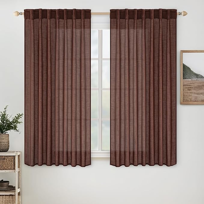MIULEE Chocolate Brown Linen Curtains 54 Inch Length 2 Panels for Bedroom Living Room, Soft Thick Linen Textured Natural Short Window Drapes Semi Sheer Light Filtering Back Tab Rod Pocket