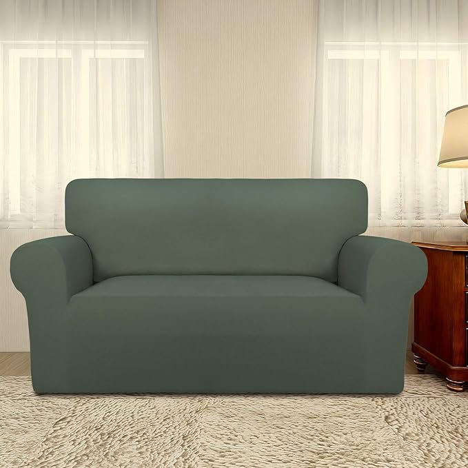 PureFit Super Stretch Sofa Slipcover – Spandex Non Slip Soft Couch Sofa Cover, Washable Furniture Protector with Non Skid Foam and Elastic Bottom for Kids, Pets （Loveseat, Grayish Green）