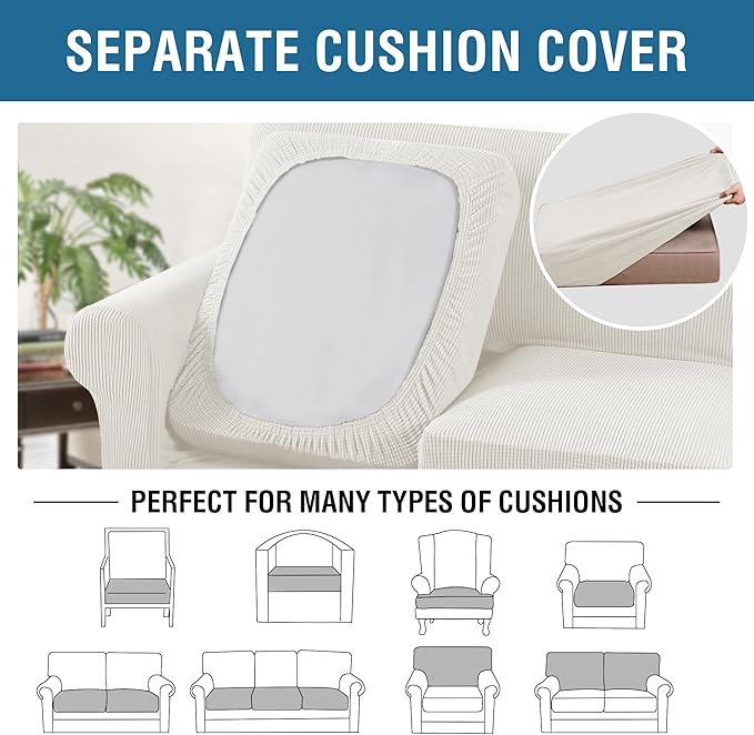 H.VERSAILTEX 4 Piece Stretch Sofa Covers for 3 Cushion Couch Covers for Living Room Furniture Slipcovers (Base Cover Plus 3 Seat Cushion Covers) Thicker Jacquard Fabric (Large Sofa, Porcelain White)