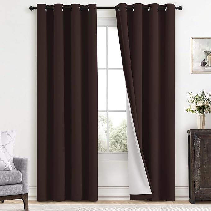 Yakamok Room Darkening 100% Blackout Curtains Grommet Window Treatments with 2 Thick Layers-Brown Thermal Insulated Drapes Set of 2 Panels for Bedroom Living Room 52 Inches by 96 Inches Length