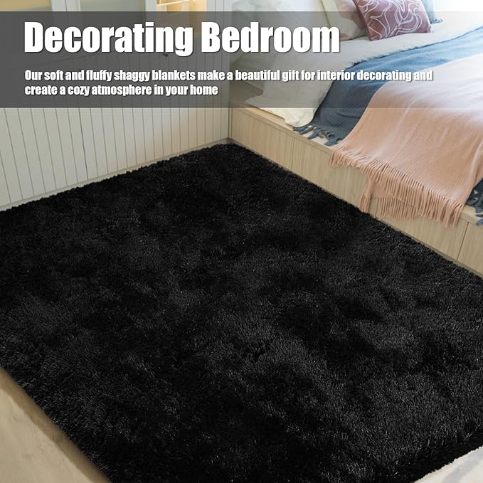 Ultra Soft Fluffy Area Rugs for Bedroom Living Room 10x14, Nursery Rug, Non-Slip Carpet for Kids Dorms Decor, Shaggy Bedside Rug, Black